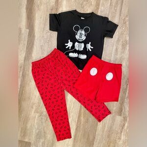 Disney Kids Pajama Set - Black Mickey Top with Red Pants & Red Shorts